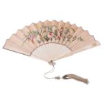 Y A Chinese ivory, paper and silk fan, Qing Dynasty, late 19th century, embroidered with colourful