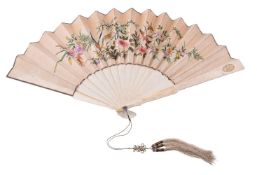 Y A Chinese ivory, paper and silk fan, Qing Dynasty, late 19th century, embroidered with colourful