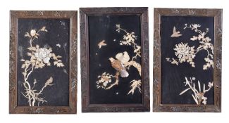 Y Three Japanese Black Lacquered Panels, each of rectangular form inlaid in bone and abalone shell