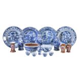 An assembled group of Chinese blue and white porcelain, 18th and 19th century, comprising a