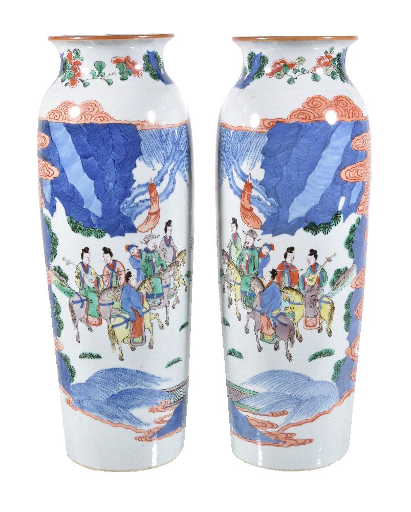 A pair of Chinese Wucai sleeve vases, in Transitional style, of tapering cylindrical form with