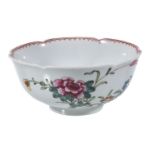 A Worcester polychrome famille rose slop bowl, 12cm diameter, shaped rim, decorated with a crane