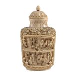 Y A Chinese ivory snuff bottle and stopper, circa 1860-1880, carved in high relief with two panels