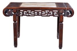 A Chinese marble-inlaid hardwood table, late Qing Dynasty, with pierced carved frieze to both sides,