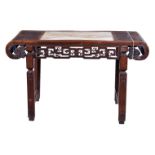 A Chinese marble-inlaid hardwood table, late Qing Dynasty, with pierced carved frieze to both sides,