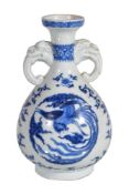 A Chinese blue and white two-handled 'dragon and phoenix' vase, painted with two circular medallions