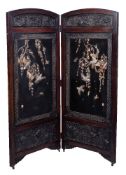 Y A Japanese Two-Fold Wood Screen, carved with panels of sparrows amid peonies and chrysanthemums