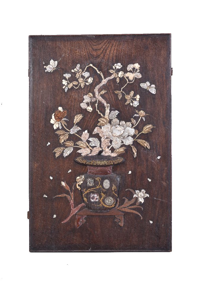Y A Large Japanese Wood Panel, decorated with butterflies around peonies growing from a tsubo, in