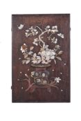 Y A Large Japanese Wood Panel, decorated with butterflies around peonies growing from a tsubo, in