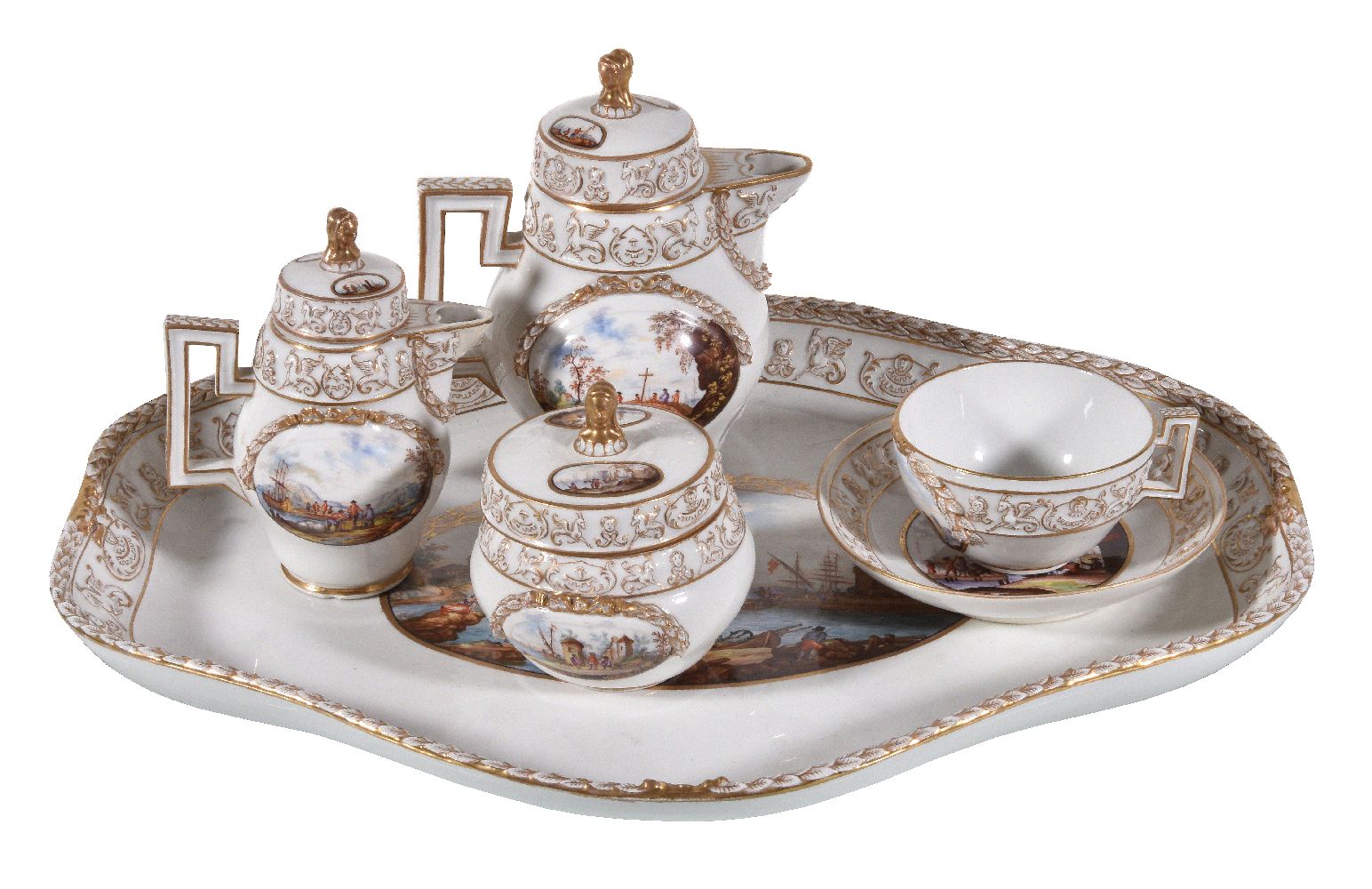 A Dresden porcelain solitaire coffee service, late 19th century, painted in the eighteenth century - Image 2 of 3