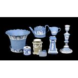 A selection of mostly Wedgwood Jasper, late 18th century, comprising: a flared planter and stand,
