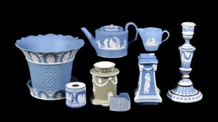 A selection of mostly Wedgwood Jasper, late 18th century, comprising: a flared planter and stand,