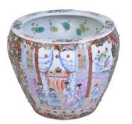 A large Chinese Famille Rose fish bowl or jardinière, late 20th century, the exterior painted with