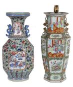 A Cantonese Famille Rose celadon-ground vase, 19th century, painted with alternating panels of