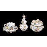 Three items of Meissen flower-encrusted porcelain, late 19th century, comprising: a bowl and