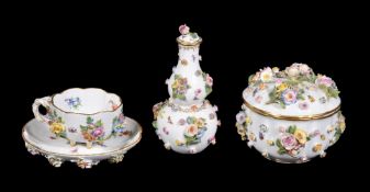 Three items of Meissen flower-encrusted porcelain, late 19th century, comprising: a bowl and