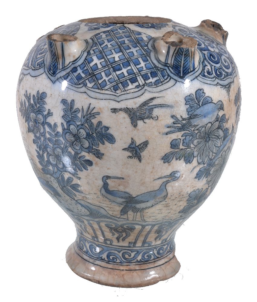 A Safavid blue and white pottery tulip vase, Persia, 17th Century, of baluster form with a central - Image 5 of 6