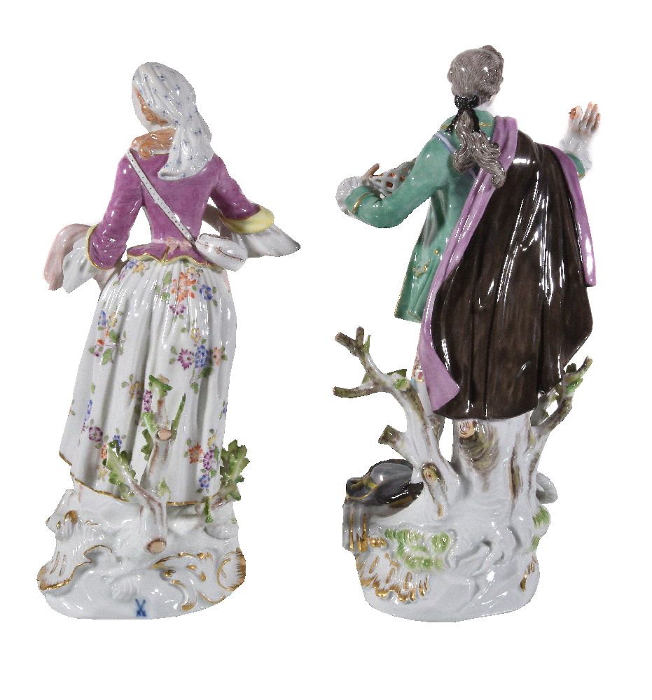 A pair of Meissen models of a gardener and companion, 20th century, blue crossed swords mark, 27cm - Image 2 of 4