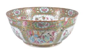 A Cantonese Famille Rose bowl, 19th century, typically decorated with alternating panels of figures,