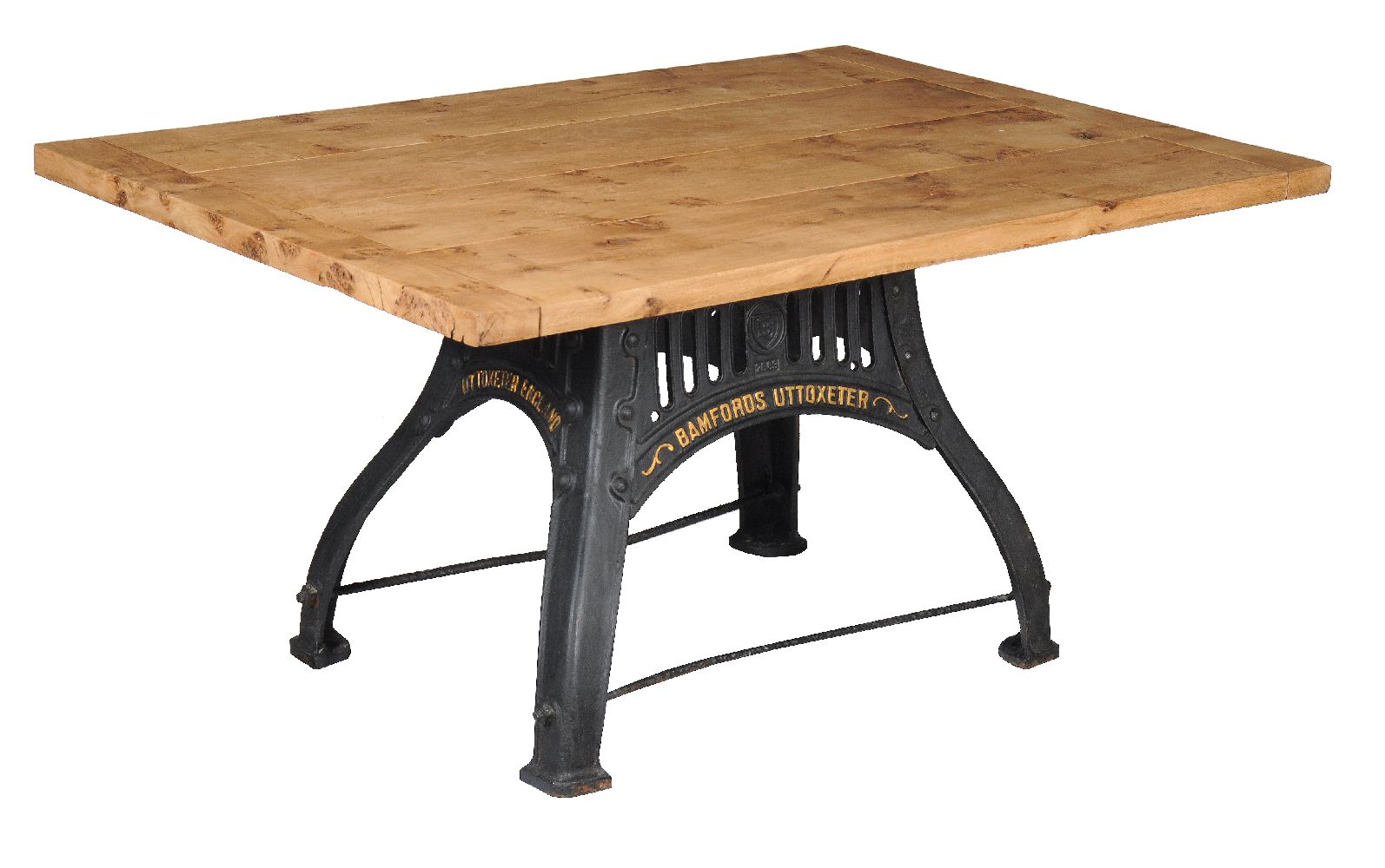An oak mounted cast iron 'industrial' table, the base late 19th/early 20th century, the top of