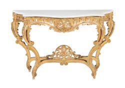 A giltwood and marble topped console table, in the Rococo style, mid-19th century, the shaped
