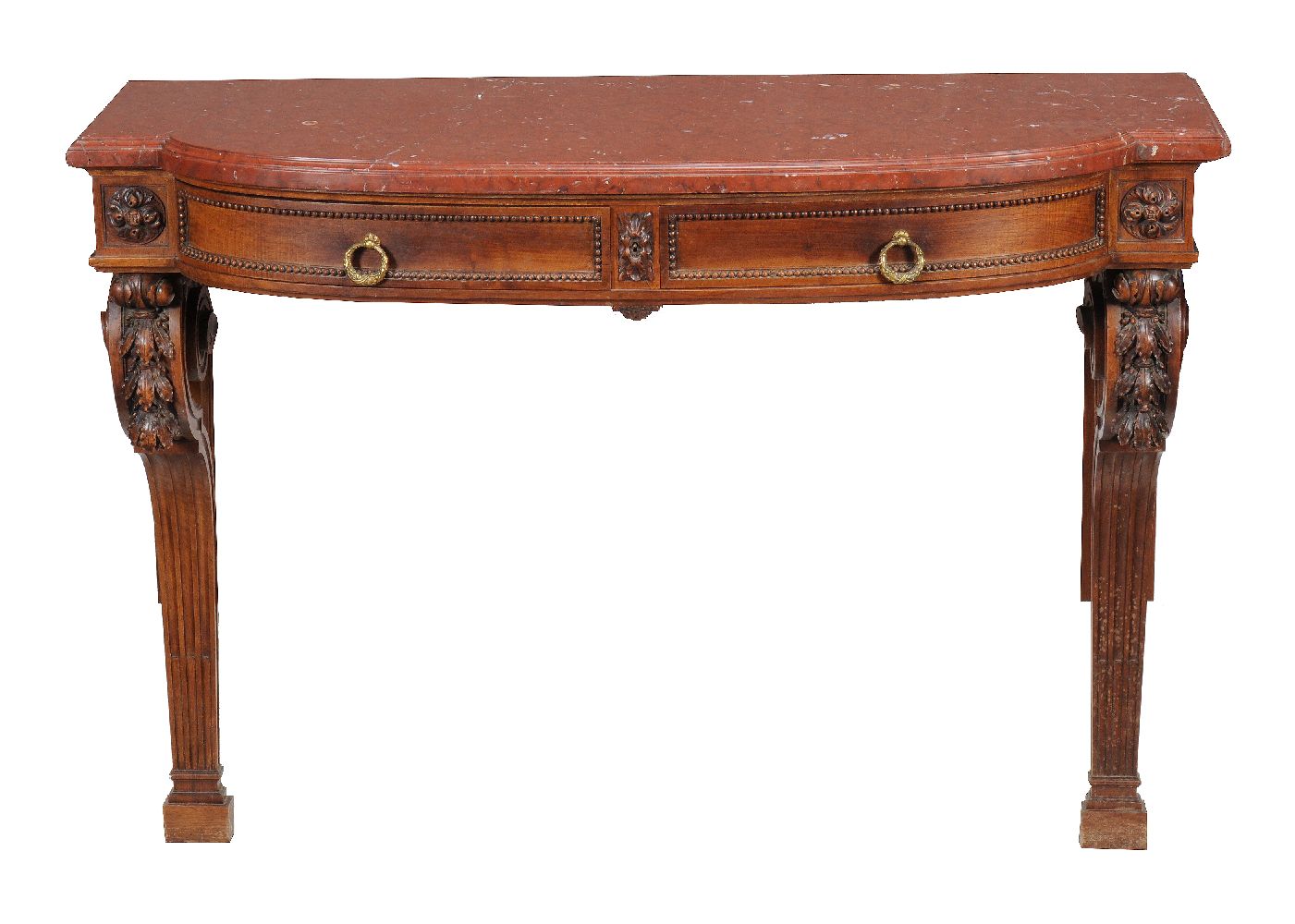 An oak console table, late 19th century, of break bowfront outline, with a red marble top above