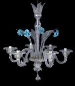 A Venetian glass six light chandelier, 20th century, the electrical sockets and dished drip pans
