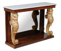 Y A rosewood console table in George IV style, first half 20th century, the marble top above a