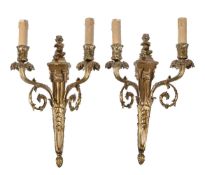 A pair of gilt bronze twin light wall appliques in Louis XV style, 20th century, the backplates each