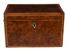 A George III burr yew and sycamore strung tea caddy, late 18th century, of rectangular form, the