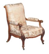 A Victorian mahogany and upholstered open armchair, circa 1860, two rear legs stamped GILLOWS,