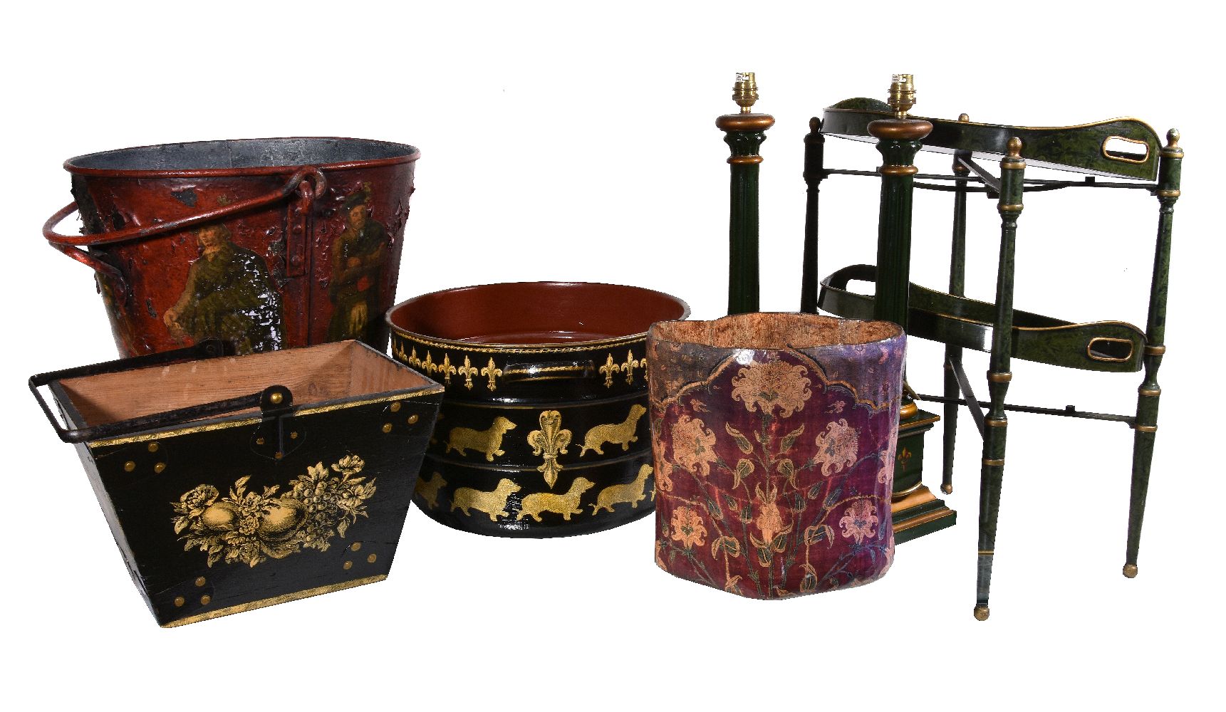 A collection of japanned tolewares, including a large bucket with later decoupage decoration, late