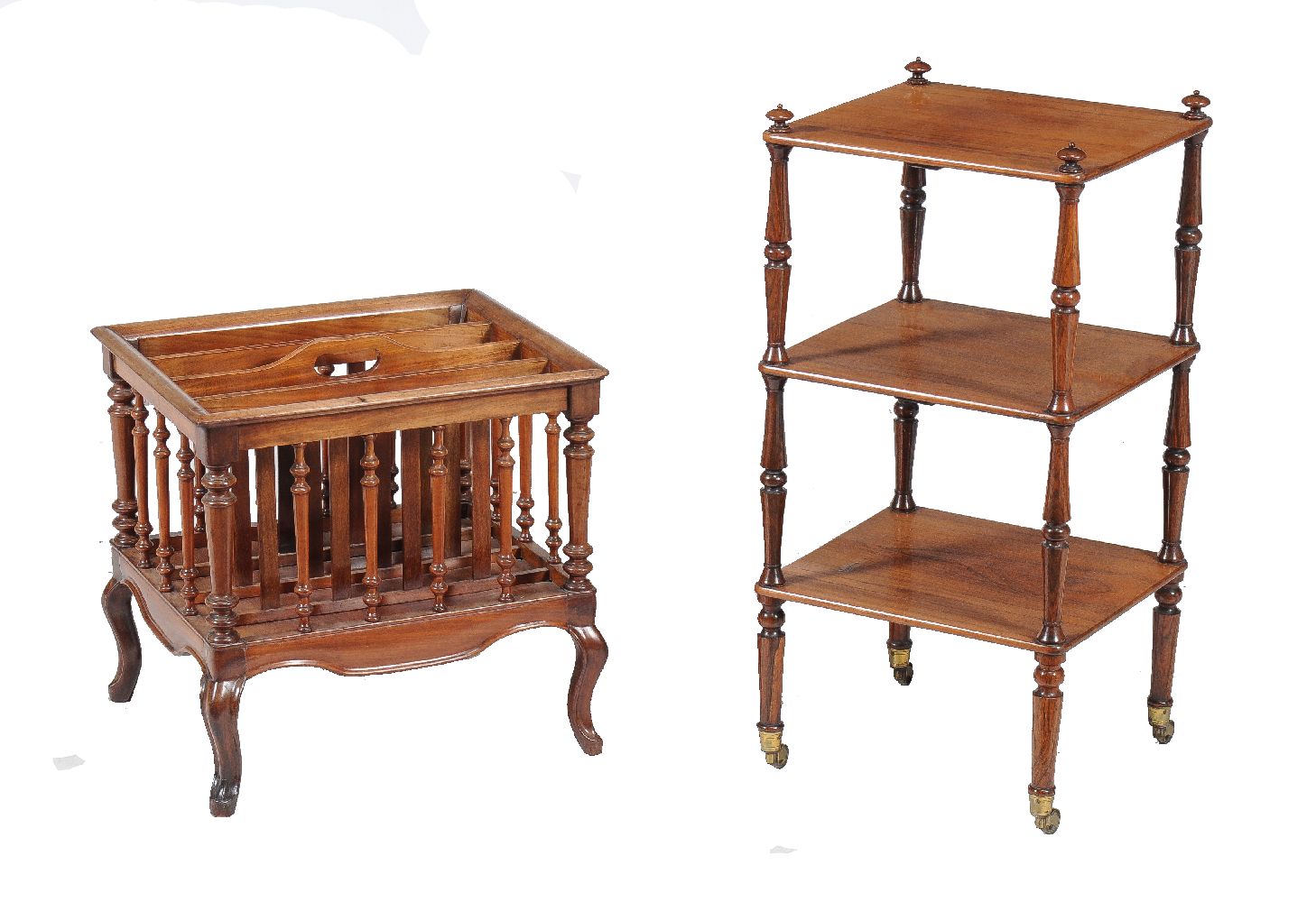 Y A William IV rosewood three tier whatnot, circa 1835, 72cm high, the top 32cm x 36cm together with