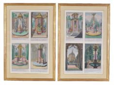 A set of eight German hand coloured engravings of water pumps, 18th century, framed as a pair with