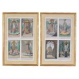 A set of eight German hand coloured engravings of water pumps, 18th century, framed as a pair with