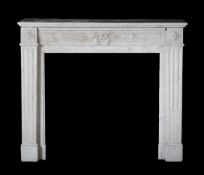 A mottled white marble chimneypiece in Louis XVI style, 19th century, the frieze of crossed laurel