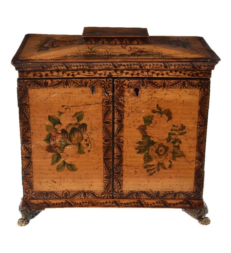 A George III penworked and painted satinwood table cabinet, last quarter 18th century, of