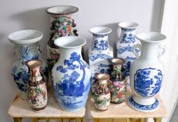 A selection of modern Chinese vases, comprising; a pair of blue and white square section vases, 36cm