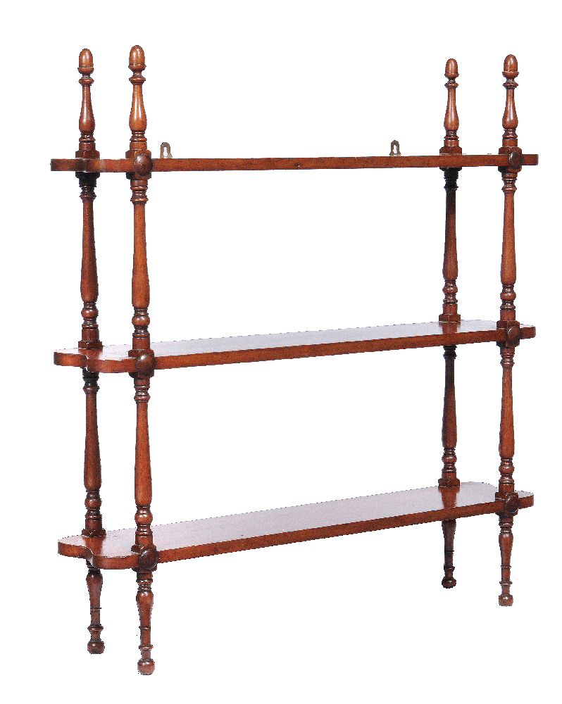 A flight of Victorian mahogany hanging wall shelves, mid 19th century, each shelf divided by - Image 2 of 2