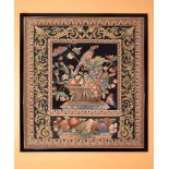 A framed woven tapestry panel, probably following the design of pietra dure table top, depicting a