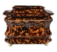 Y A Regency tortoiseshell veneered, ivory banded and silver coloured metal strung tea caddy, circa