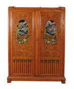 A burr elm, satinwood and polychrome lacquer decorated press cupboard, probably Swiss, late 19th/