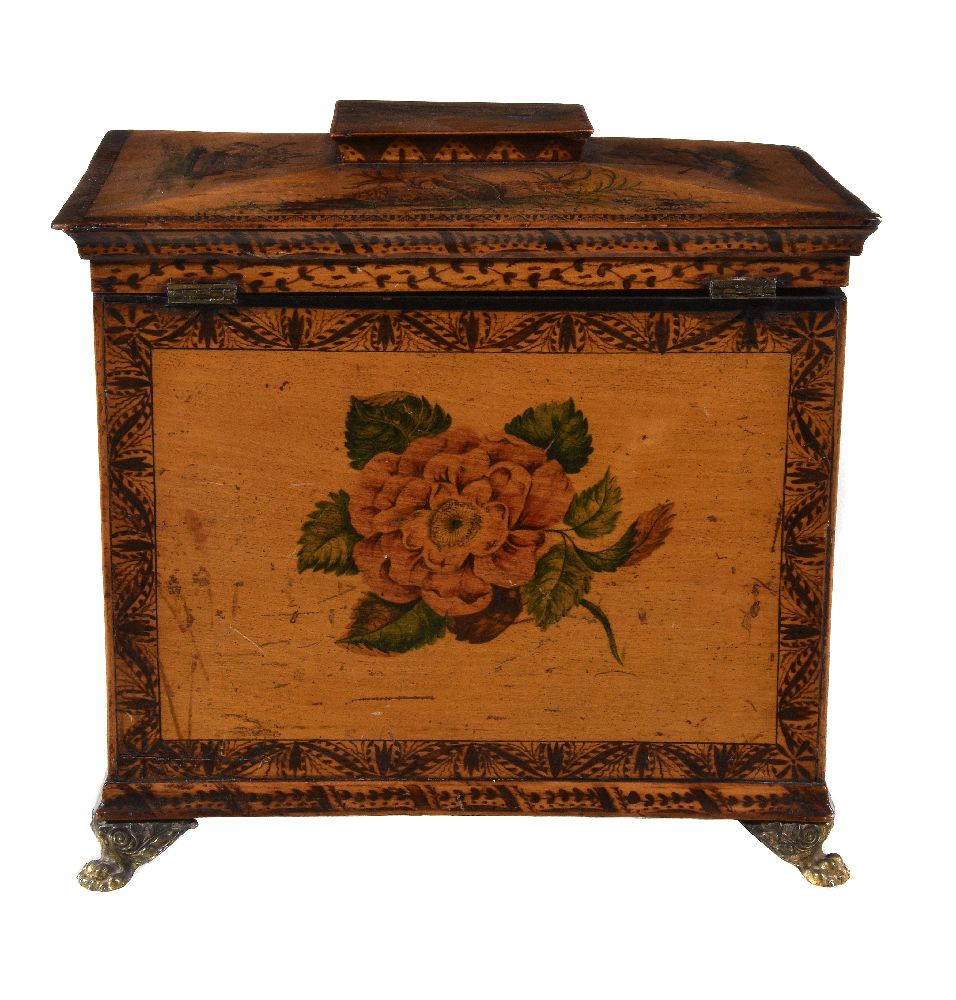 A George III penworked and painted satinwood table cabinet, last quarter 18th century, of - Image 2 of 4