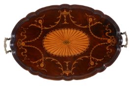 A mahogany and sycamore marquetry oval tray in George III Hepplewhite style, 19th century, the