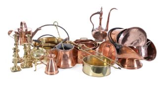 A collection of domestic brass and copperware, 19th and 20th century, comprising a coal scuttle,