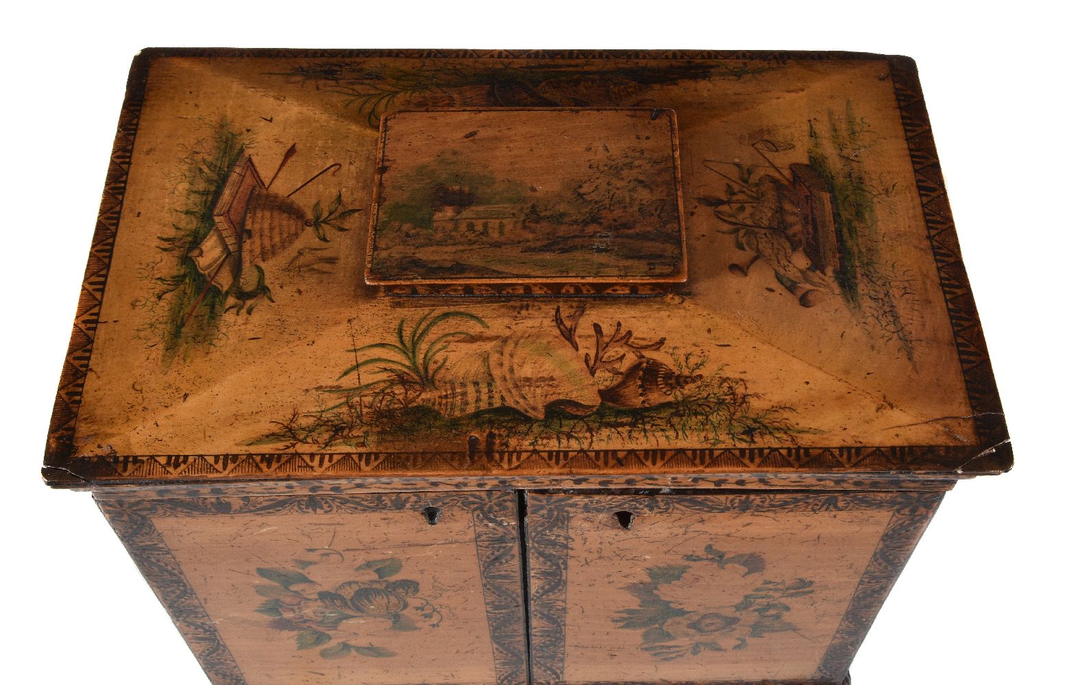 A George III penworked and painted satinwood table cabinet, last quarter 18th century, of - Image 3 of 4