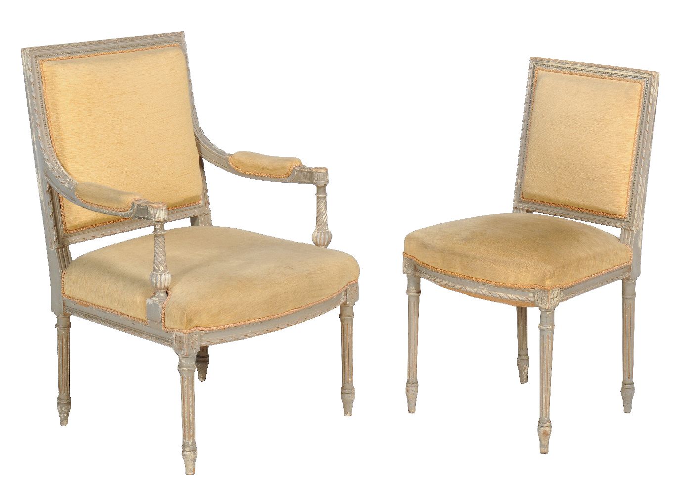 A set of six grey painted and upholstered chairs, in Louis XVI style, 20th century, to include a - Image 3 of 3