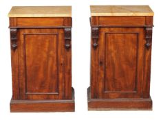 A pair of mahogany and yellow pink veined marble topped pedestal cabinets, circa 1860 and later,