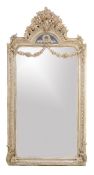 A Continental grey painted and silvered wood and composition wall mirror, 212cm high, 108cm wide