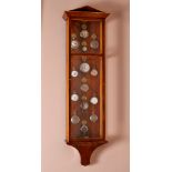 A mahogany and birch key cabinet, 20th century, formally a regulator wall clock case, of